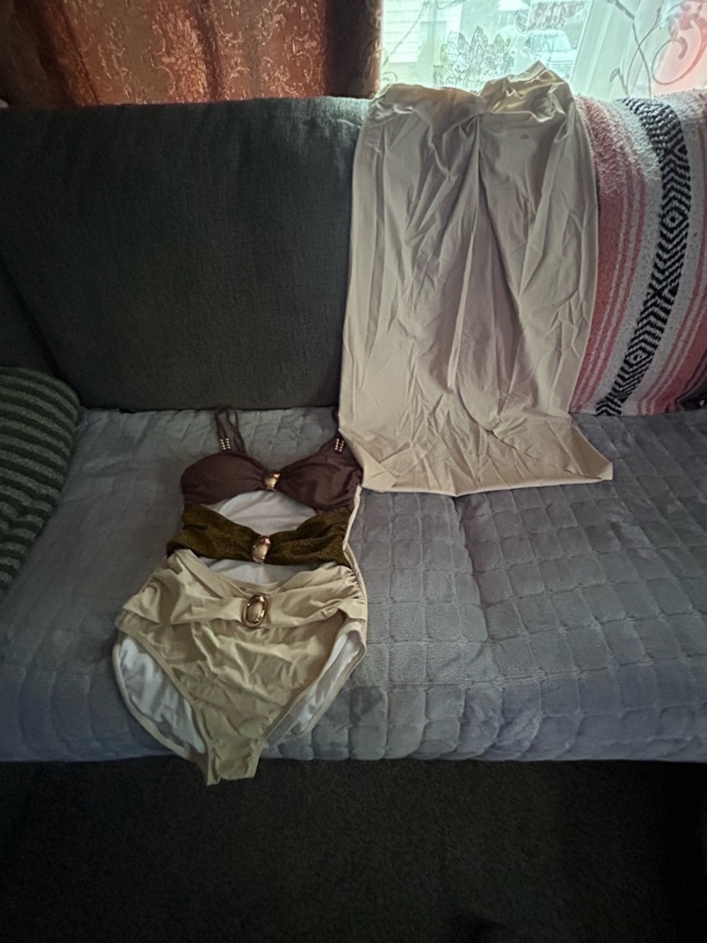 Beige & Olive Two-Piece Swim Set with Gold Accents